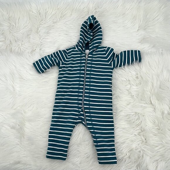Hanna Andersson Reversible Bunting Sherpa Jersey 6-12 Months Striped Teal 70cm - Picture 1 of 6